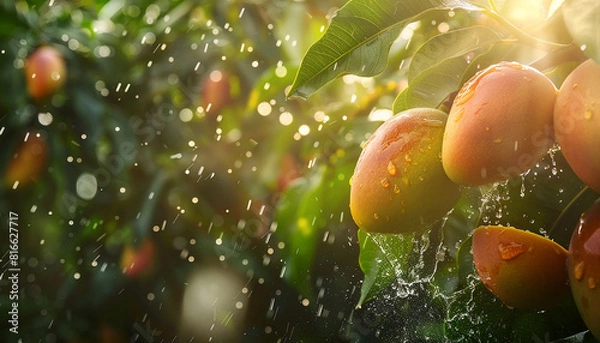 Fototapeta summer fruit mango hanging on a tree with water droplet generated by AI