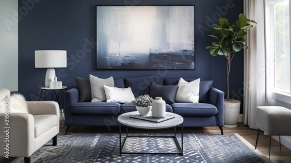 Fototapeta Modern Living Room with Blue Accents and Comfortable Furniture in a Contemporary Style, Featuring Navy Blue and Light Gray for a Chic and Inviting Home Space