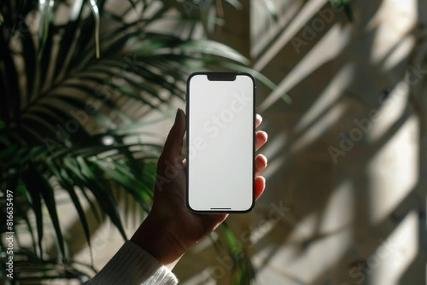 Fototapeta hand holding iphone 15 pro mockup with white screen, minimalistic editorial aesthetic