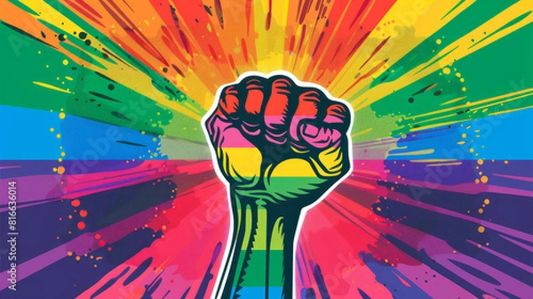 Fototapeta Raised fist in rainbow colors with a dynamic, artistic background, representing LGBTQ+ pride and resilience.