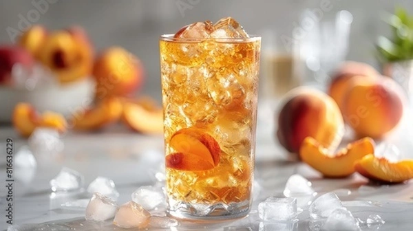 Fototapeta Peach slices float atop peach iced tea in a tall glass with ice cubes, set against a white background