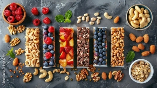 Fototapeta Healthy Snack Bar Assortment with Variety of Nuts Fruits and Seeds for Energizing Boosts