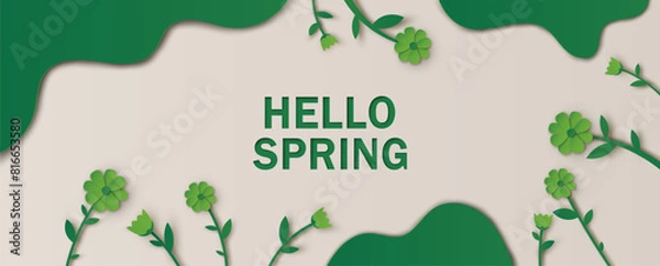 Obraz Hello Spring text decoration with flower and leaves on green paper craft. paper cut and craft style. vector, illustration.