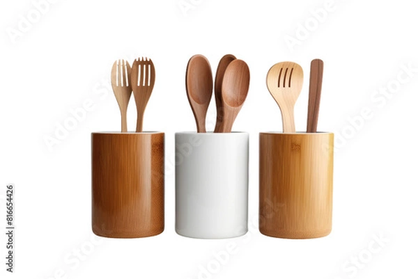 Fototapeta Rustic Elegance: A Symphony of Wooden Utensils in a Cup on White or PNG Transparent Background.