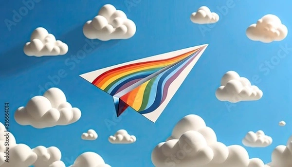 Fototapeta "Rainbow Decorated Paper Plane Soaring in Clear Blue Sky"