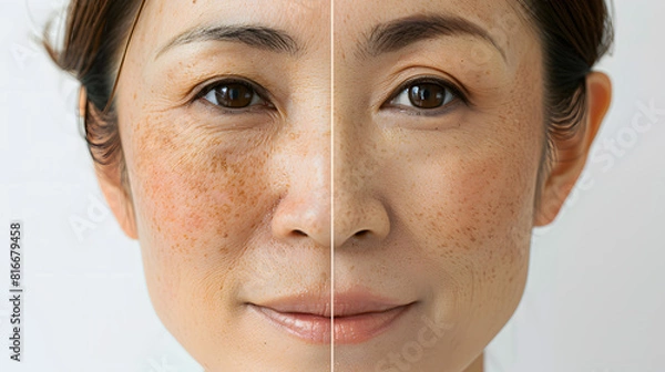 Obraz 美容効果を示すアジア人女性のビフォーアフター比較イメージ.