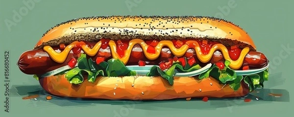 Fototapeta Chicago hot dog, loaded with toppings, iconic poppy seed bun, bold and colorful illustration, pop art style