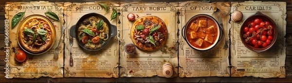 Fototapeta Rustic Italian trattoria menu, vintage paper texture, featuring traditional dishes like pasta carbonara and tiramisu, handwritten calligraphy, olive green and terracotta color scheme