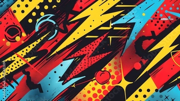 Obraz A colorful abstract painting with splatters of paint and a lot of dots. The painting is full of energy and movement, with bright colors and bold lines. It seems to be a representation of chaos