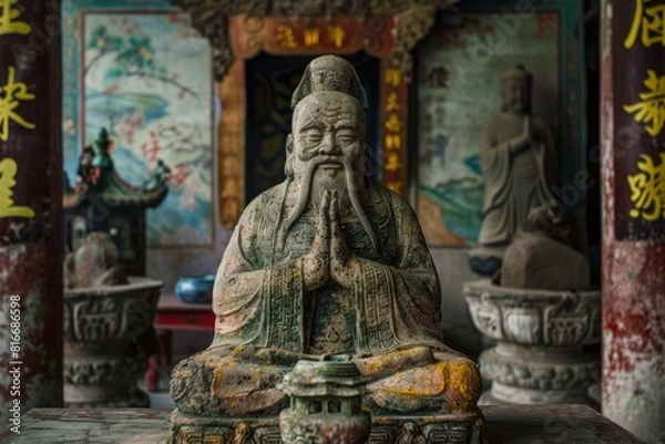 Fototapeta Venerable statue of confucius with a tranquil expression, set against a traditional temple background
