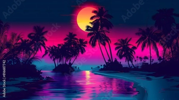 Fototapeta A tropical beach scene with a large orange and pink sun in the sky. The water is calm and the palm trees are swaying in the breeze. The scene is relaxing and peaceful