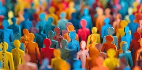 Obraz A group of people are standing in a line, with some of them wearing blue and others wearing red. The people are all different sizes and shapes, and they are all lined up in a row. Concept of group & i