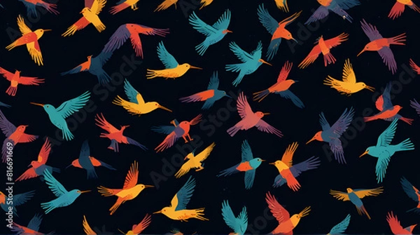 Fototapeta A colorful pattern of birds with a blue background,Generative.Ai