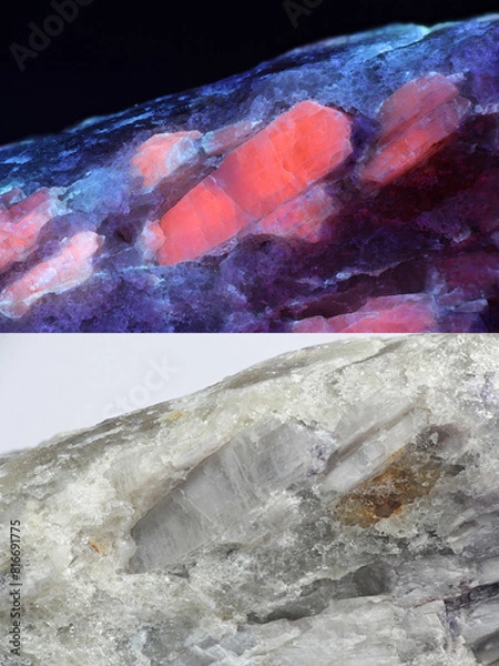 Fototapeta Crystals of major industrial lithium ore spodumene showing red fluorescence in ultraviolet light (365 nm).   Lower image showing same sample in normal daylight.
