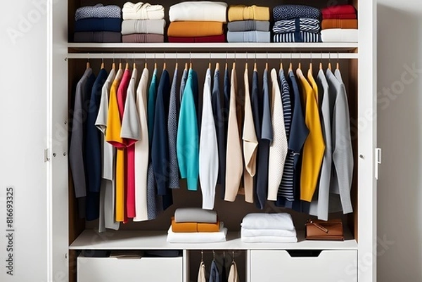 Fototapeta a well-organized closet with neatly folded sweaters and hanging clothes on wooden hangers, ai, generative, 생성형