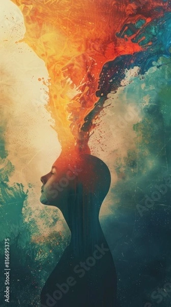 Fototapeta A persons head with multi-colored water flowing out, representing thoughts and mental health, vertical poster