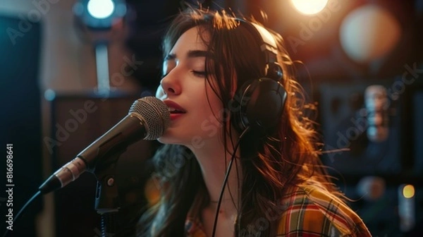 Fototapeta Engaged Radio Host: Young Woman with Headphones Recording a Podcast in Studio