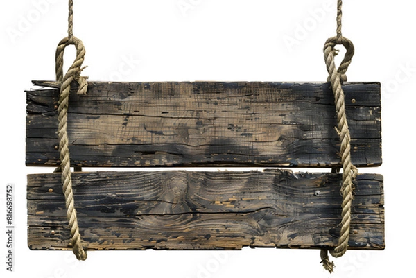 Fototapeta Old wooden board with a rope attached as a blackboard and space for text. Isolated on transparent background