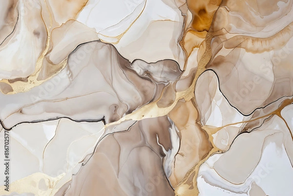 Fototapeta A beautiful abstract artwork with fluid shapes in beige, white and gold in style of alcohol ink painting. The background with liquid forms, watercolor blur and detailed texture.