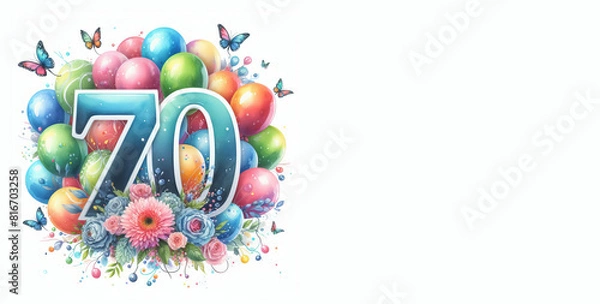 Fototapeta Watercolor balloons with the number 70 on a white background - Happy 70th birthday card with copy space to add text