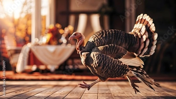 Obraz Joyful Turkey Celebrating Thanksgiving, Blur Portrait Background