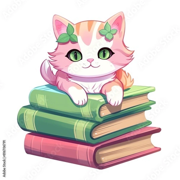 Fototapeta a cute cat lying on a stack of books, the books are pink and green, 2d flat, no shadows, white background