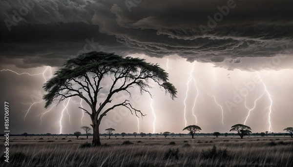 Fototapeta An African landscape with sunset and dramatic clouds. A summer thunderstorm over the African savannah. 
