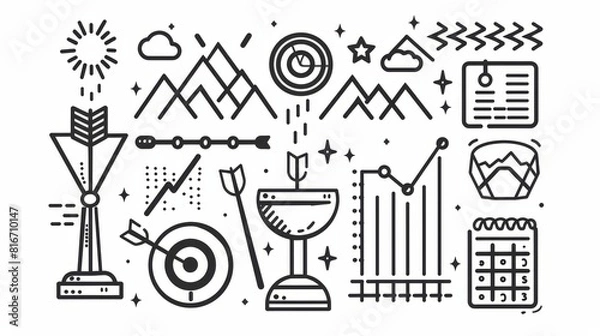 Fototapeta Business goal doodle icons dart target, pedestal, flag, to-do list, charts, glasses with aims, calendars or schedules, phones, mountaintop, trophy cup, mobile. Modern illustration with line art.