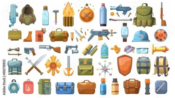 Fototapeta Set of cartoon modern military game icons, including bomb, bullet, and rocket, knife, wooden shield, compass, walkie-talkie, and protection vests.