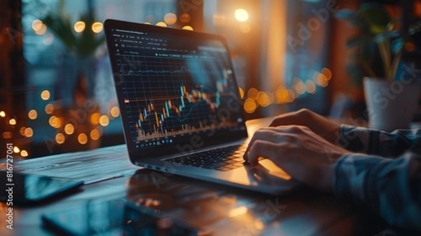 Obraz Businessman's hand working on a laptop with graphic graph chart diagram, stock market on the screen.