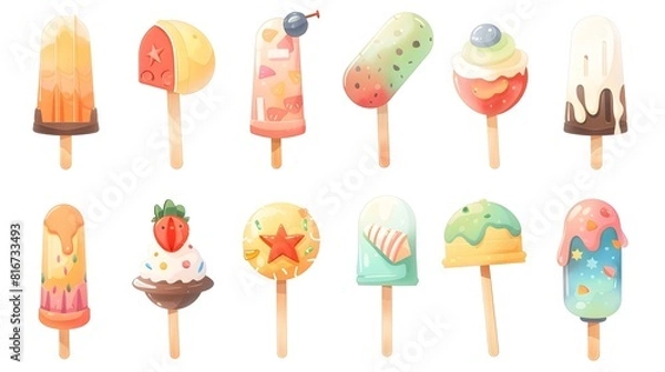 Fototapeta Assortment of Colorful and Tempting Frozen Dessert Popsicles Ice Creams and Other Chilled Treats for Summer Enjoyment and Refreshment