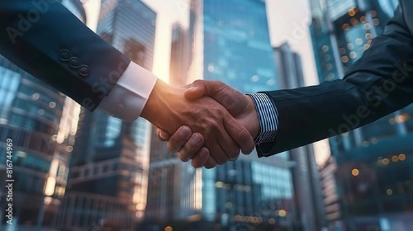 Fototapeta Two businessmen shaking hands in front of a modern cityscape.