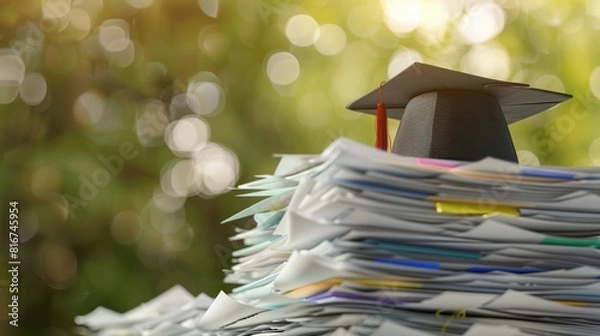 Fototapeta A graduation bachelor cap on a stack of paper, new graduate job hunting concept.