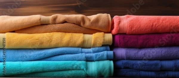Fototapeta A wooden background showcases multi colored terry towels leaving some space for additional content or text in the image