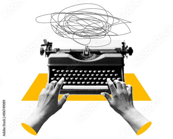 Obraz Cut out retro halftone collage with typewriter and hands.