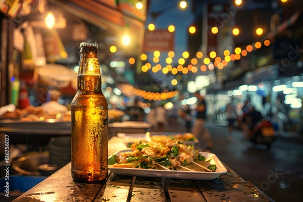 Fototapeta bottle of beer on table with street food street background