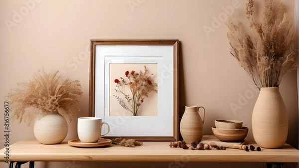 Fototapeta A replica of an empty wooden picture frame is suspended on a beige wall. Table with dried flowers and a bohemian-shaped vase. A coffee cup. Working place, home office. Poster display, artwork, contemp
