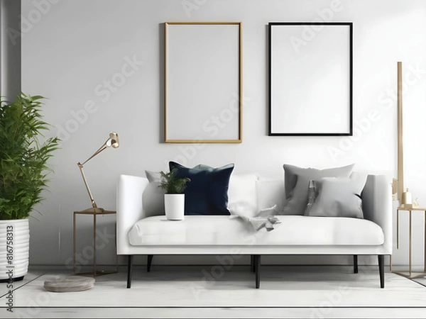 Fototapeta Frame mockup, ISO A paper size. Living room wall poster mockup. Interior mockup with house background. Modern interior design. 3D render