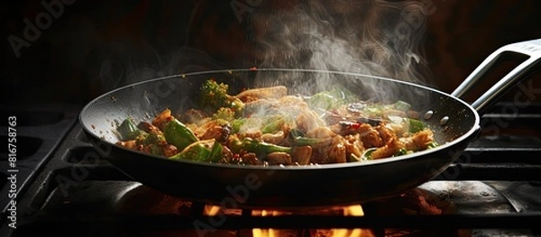 Fototapeta Homemade food being cooked in a pan depicting an image related to the cooking concept with copy space