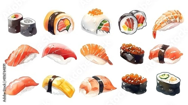Fototapeta Assortment of Traditional and Creative Sushi Dishes for Authentic Japanese Dining Experience