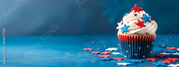 Obraz 4th of July cupcake with red, white and blue stars on a gradient background banner for design or text placement.
Independence Day,  USA national holiday, banner wallpaper