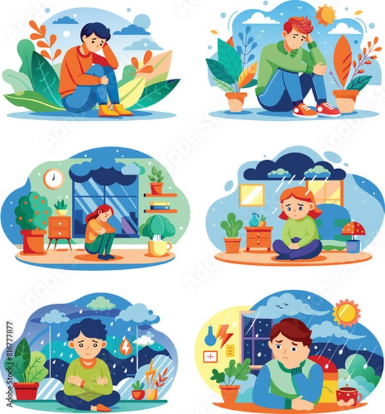 Fototapeta Set flat illustration of a people with depression, vector illustration.