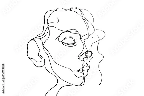 Fototapeta A woman's face is drawn in black. The drawing is of a woman with a long, curly hair. The woman's face is drawn in a way that makes it look like she is looking away from the viewer