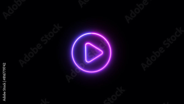 Fototapeta Multicolor play button on black background. Start button. Neon glowing play button. Neon glowing play button with neon circle.