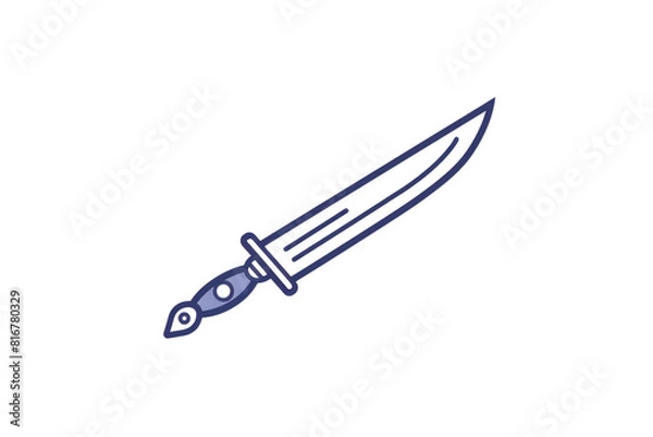 Fototapeta A blue and silver knife with a black handle. The knife is drawn in a stylized way, with a pointed tip and a curved blade. Concept of danger and power, as the knife is often associated with violence