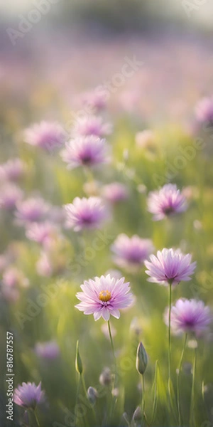 Fototapeta Spring flowers emerging gently, a burst of life in a minimalist landscape. Softly out of focus, lending an ethereal charm