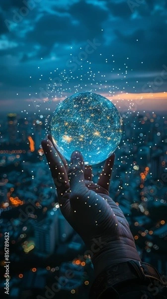 Obraz The photo shows a hand holding a glowing blue orb with a cityscape in the background.