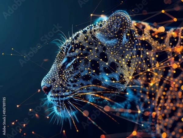 Fototapeta Blue and orange particles form a head of a panther.