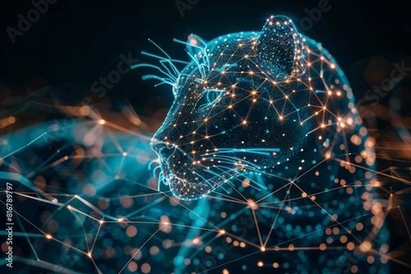 Obraz Blue glowing panther made of particles on a dark background.