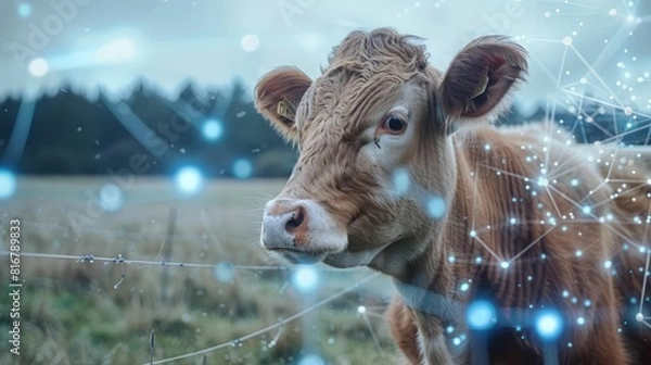 Obraz Cow with the Internet of Things (IoT) network concept.